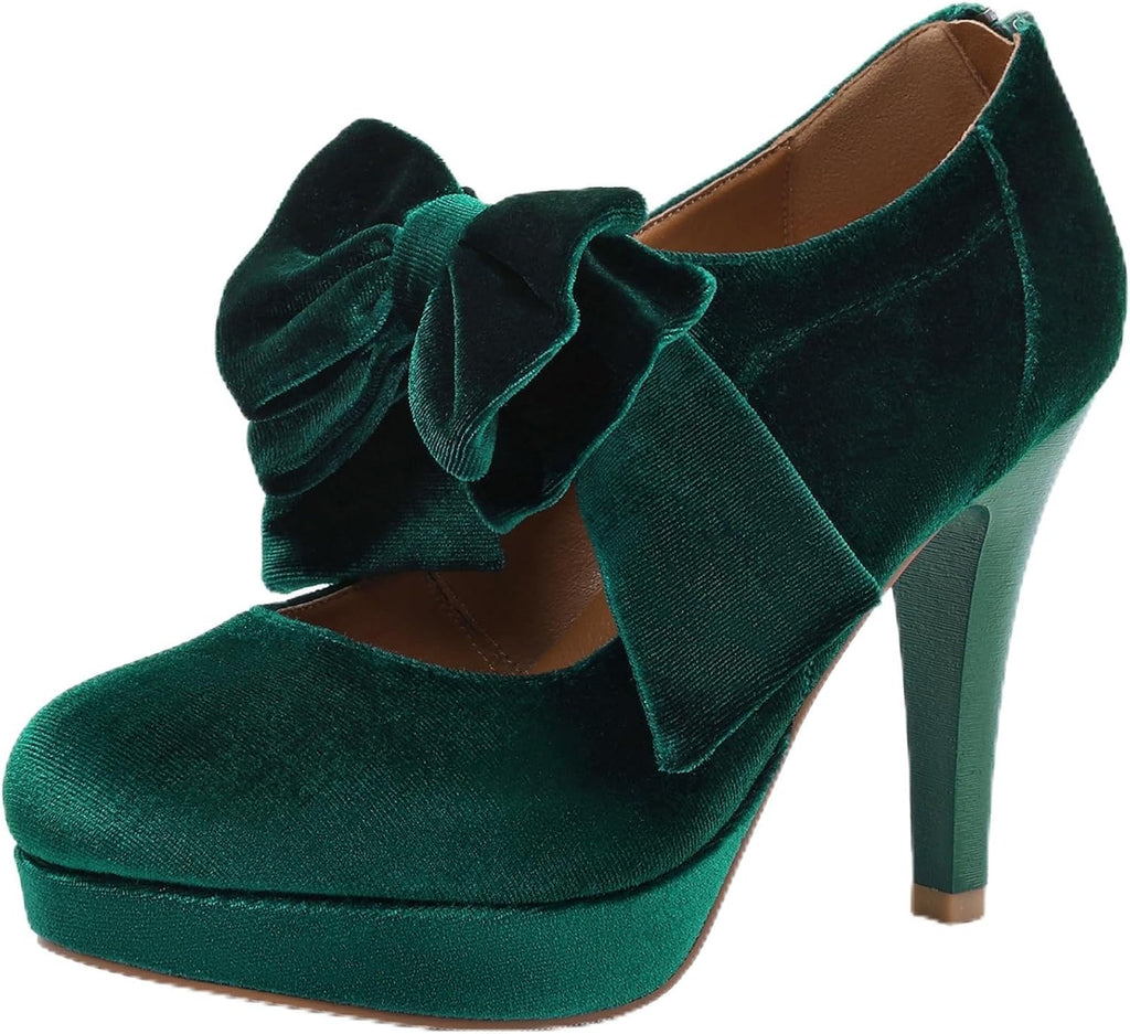 Women's Vintage Bow Platform Pumps - High Heel Dress Shoes with a Small Bow Detail for Retro Party Looks - 6