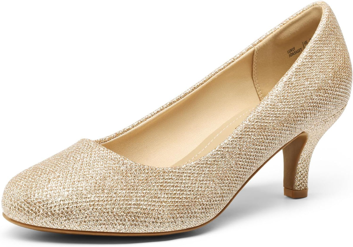 Women's Round Toe Kitten Heel Pumps - 2.5 Inch Heel, Slip On Fit and Cushioned Latex Insole for Office Wear - 9