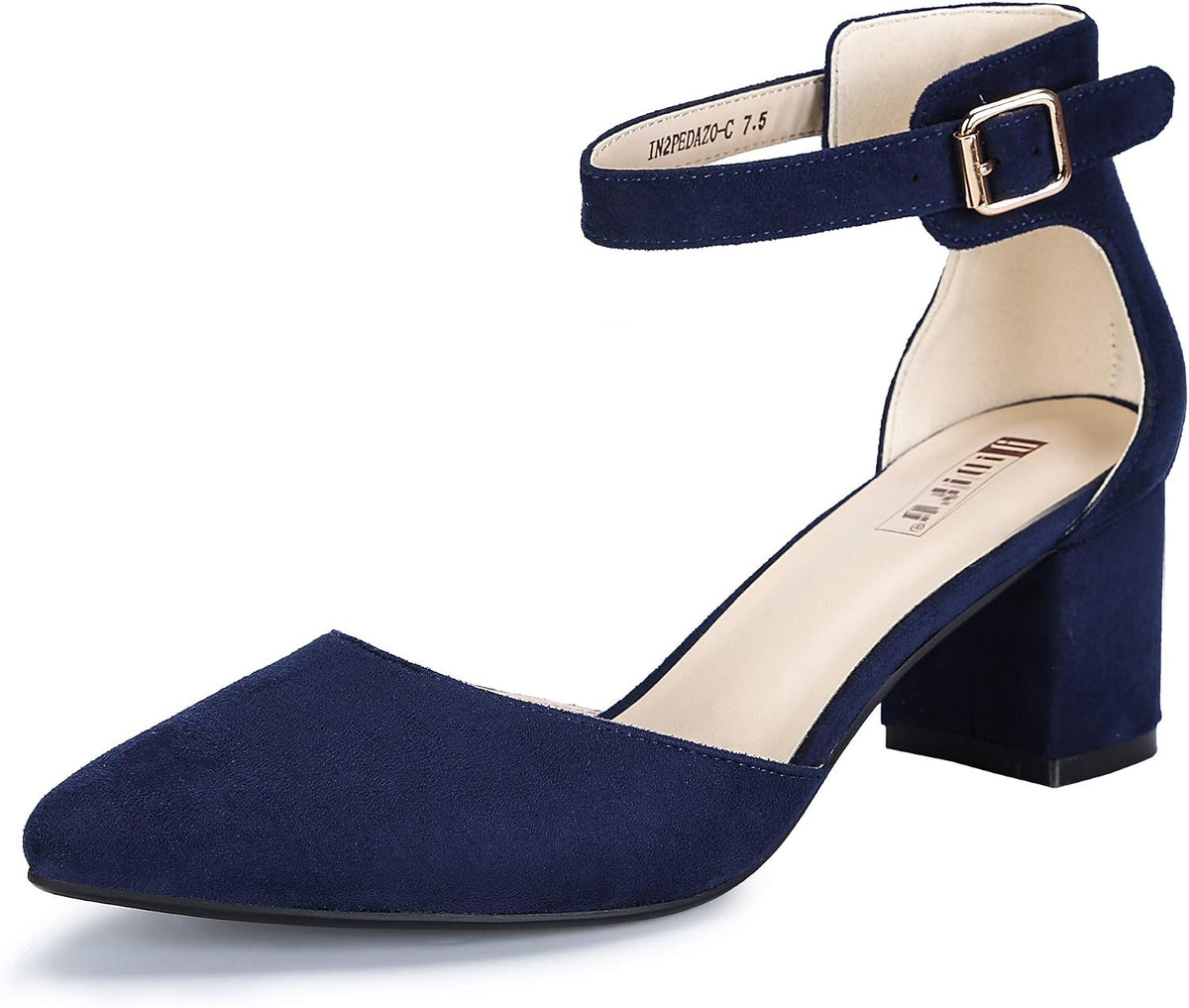 Women's Low Block Heel Pumps - Chunky Closed Toe Heels with Ankle Strap in Suede and Glitter for Weddings - 6