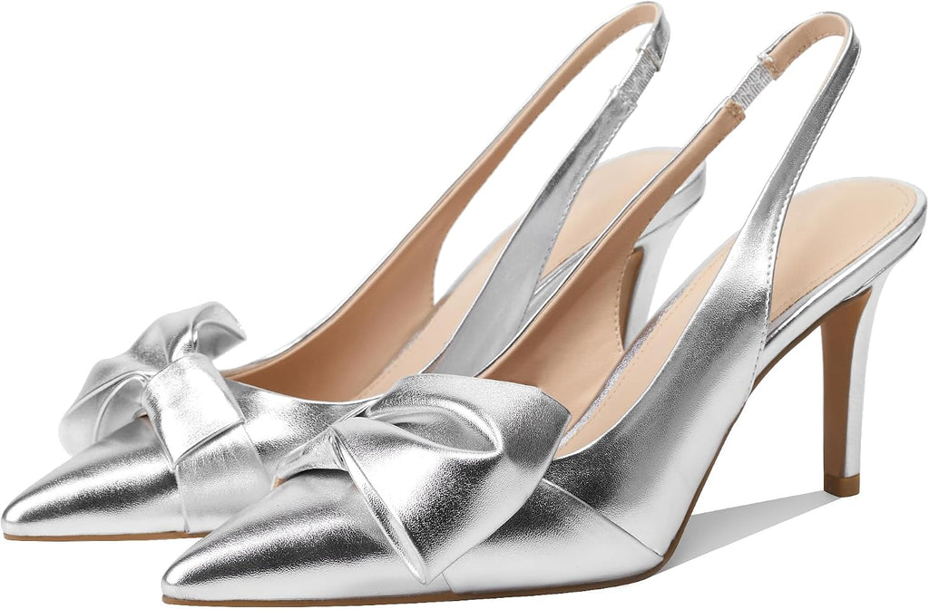 Women's Bow Detail Slingback Pumps - 3.3 Inch Stiletto Heels with an Elastic Strap for Formal Evenings - 8