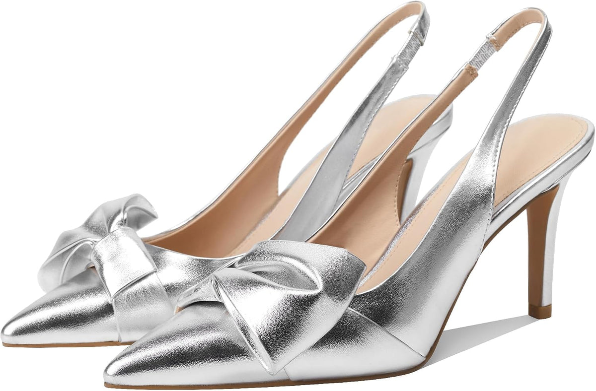 Women's Bow Detail Slingback Pumps - 3.3 Inch Stiletto Heels with an Elastic Strap for Formal Evenings - 8