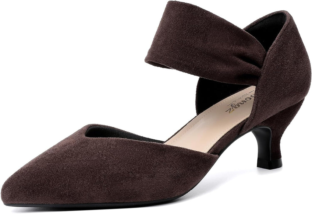 Women's Pointed Toe Kitten Heel Pumps - Low Slip On Heels in Suede and Gold Finishes for Bridal Parties - 8