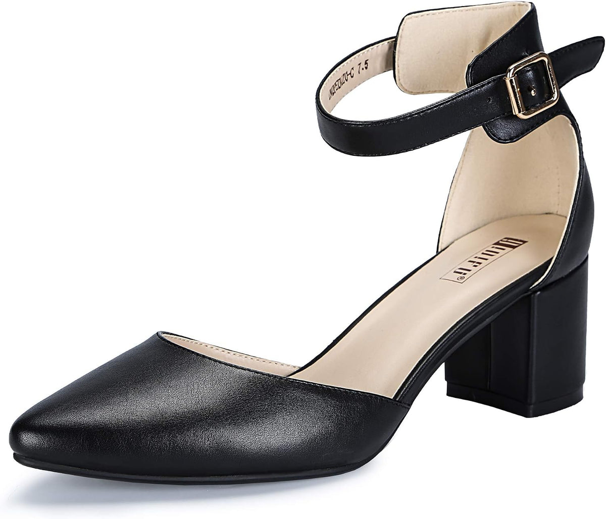 Women's Low Block Heel Pumps - Chunky Closed Toe Heels with Ankle Strap in Suede and Glitter for Weddings - 6