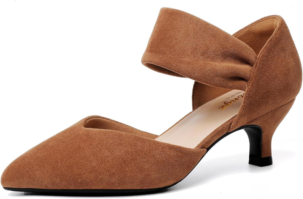 Women's Pointed Toe Kitten Heel Pumps - Low Slip On Heels in Suede and Gold Finishes for Bridal Parties - 9