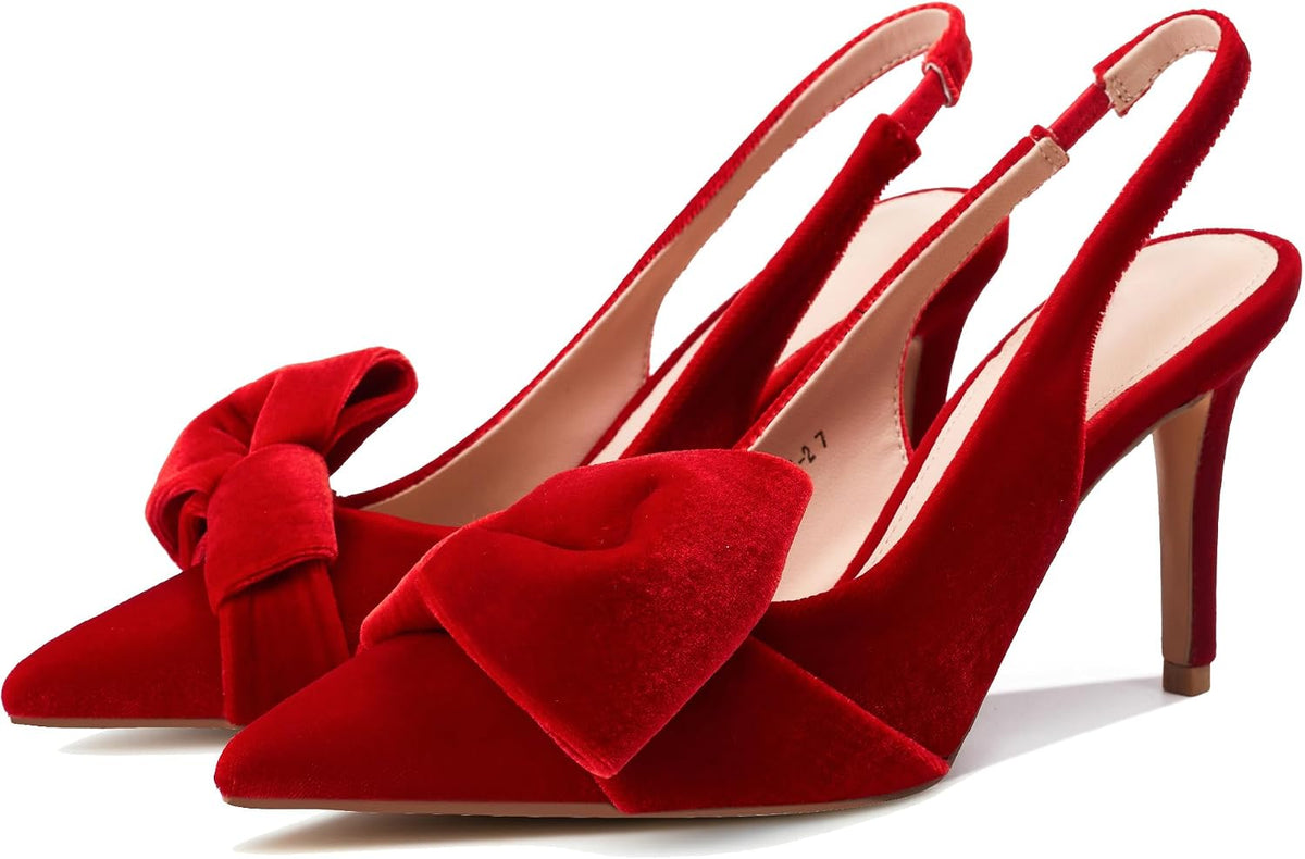 Women's Bow Detail Slingback Pumps - 3.3 Inch Stiletto Heels with an Elastic Strap for Formal Evenings - 6