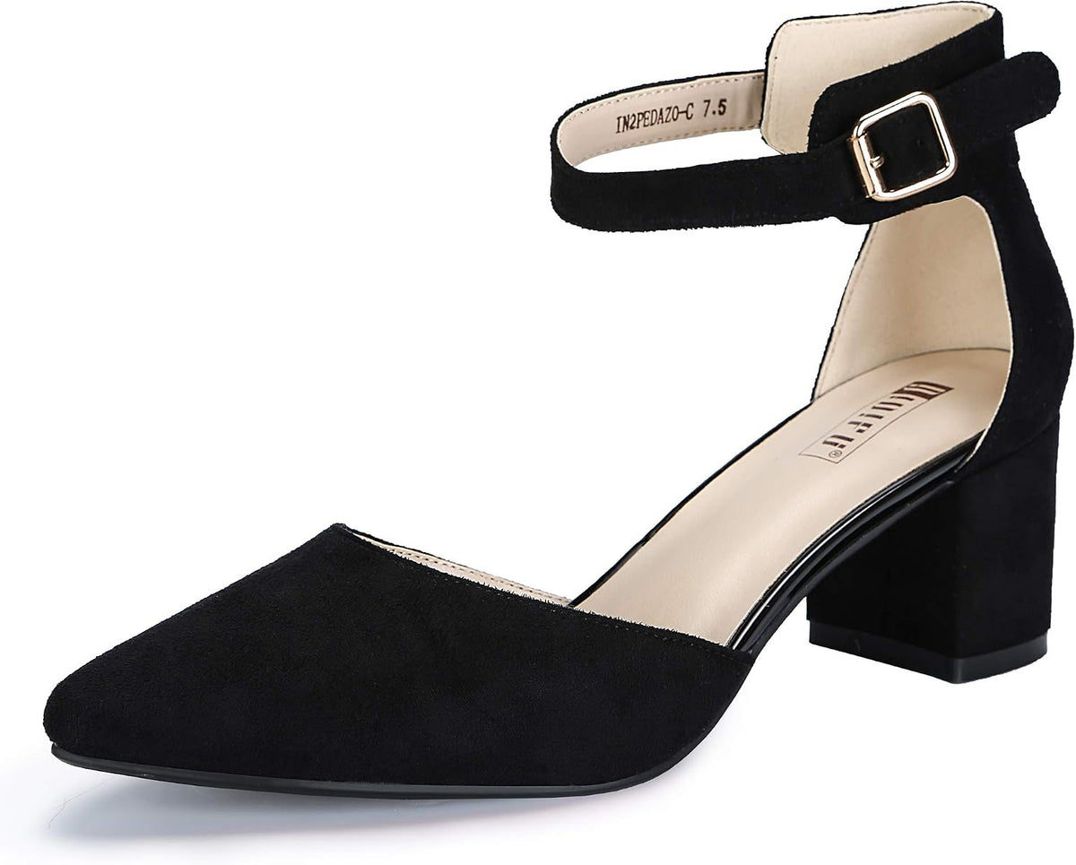 Women's Low Block Heel Pumps - Chunky Closed Toe Heels with Ankle Strap in Suede and Glitter for Weddings - 6