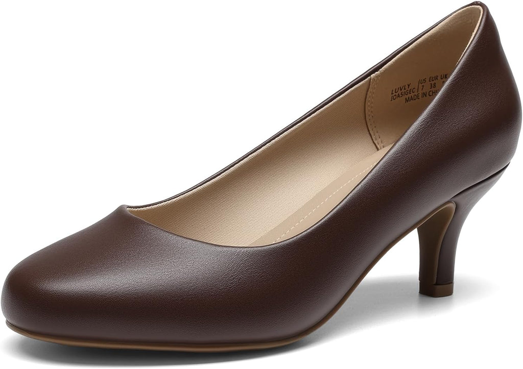 Women's Round Toe Kitten Heel Pumps - 2.5 Inch Heel, Slip On Fit and Cushioned Latex Insole for Office Wear - 9