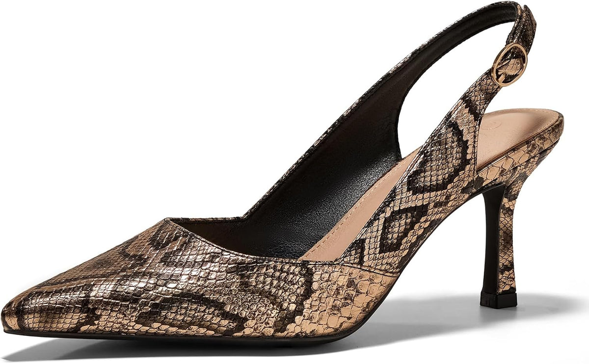 Women's Slingback Kitten Heel Pumps - Pointed Closed Toe Dress Shoes with an Adjustable Buckle for Weddings - 7