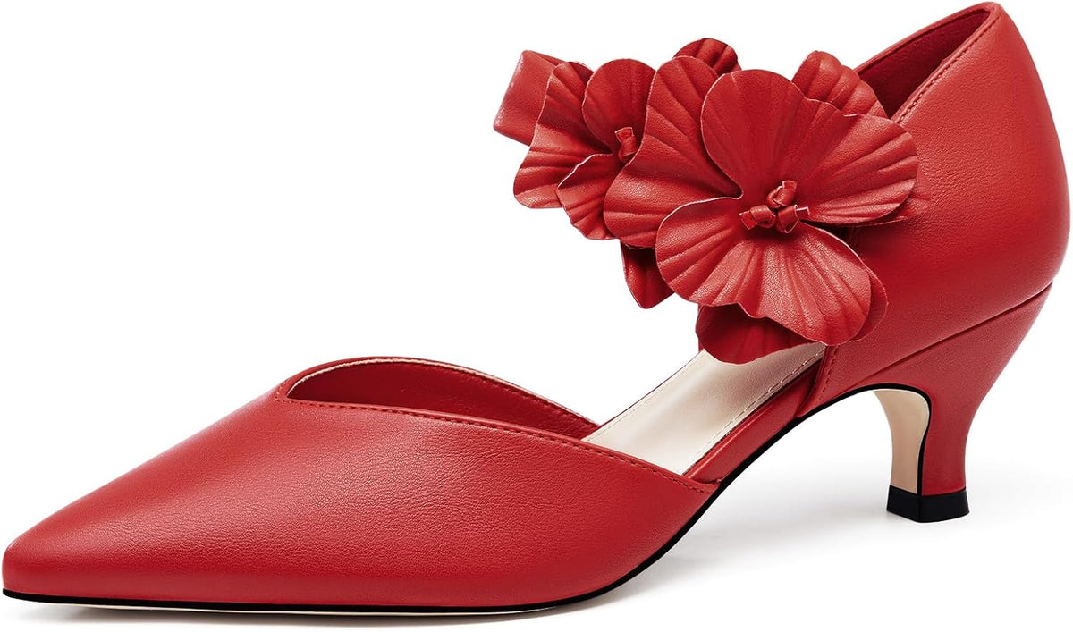 Women's Kitten Heel Pumps - Low Slip On Dress Shoes with a Flower Detail in Suede and Satin for Parties - 7