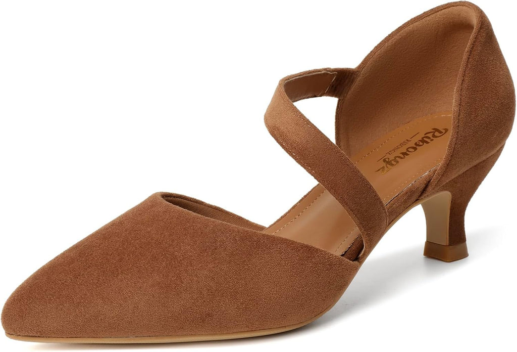 Women's Pointed Toe Kitten Heel Pumps - Low Slip On Heels in Suede and Gold Finishes for Bridal Parties - 7