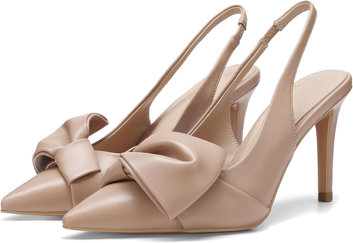 Women's Bow Detail Slingback Pumps - 3.3 Inch Stiletto Heels with an Elastic Strap for Formal Evenings - 6