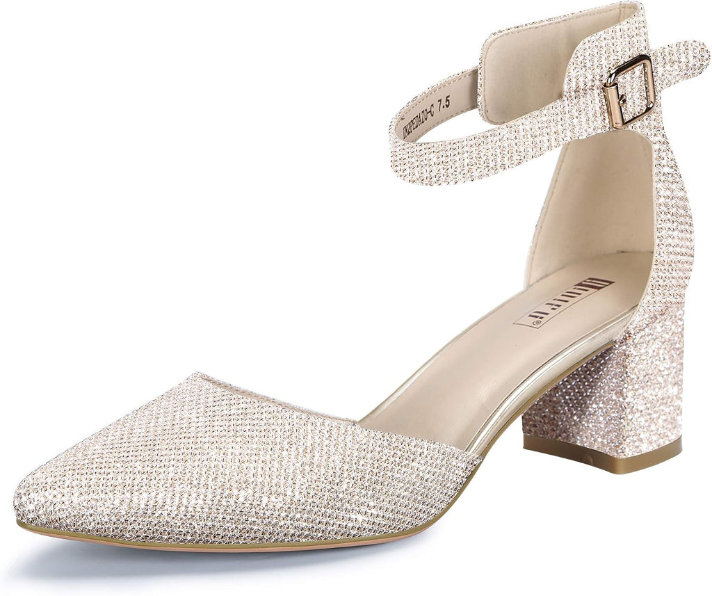 Women's Low Block Heel Pumps - Chunky Closed Toe Heels with Ankle Strap in Suede and Glitter for Weddings - 10