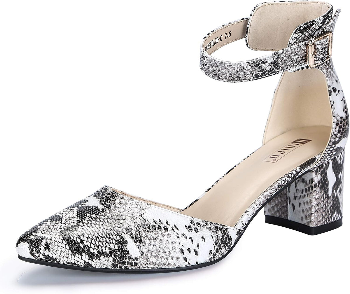 Women's Low Block Heel Pumps - Chunky Closed Toe Heels with Ankle Strap in Suede and Glitter for Weddings - 10