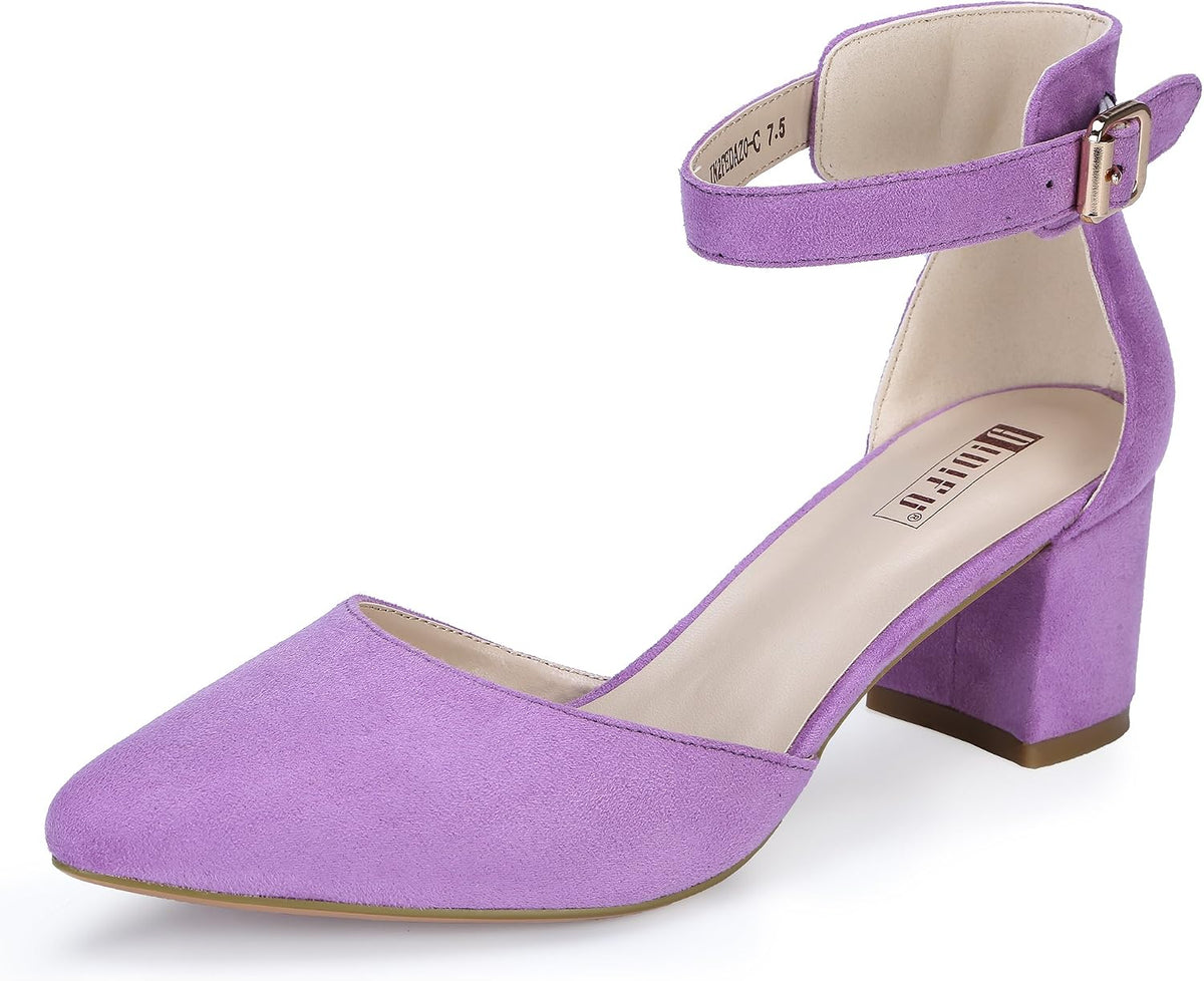 Women's Low Block Heel Pumps - Chunky Closed Toe Heels with Ankle Strap in Suede and Glitter for Weddings - 6