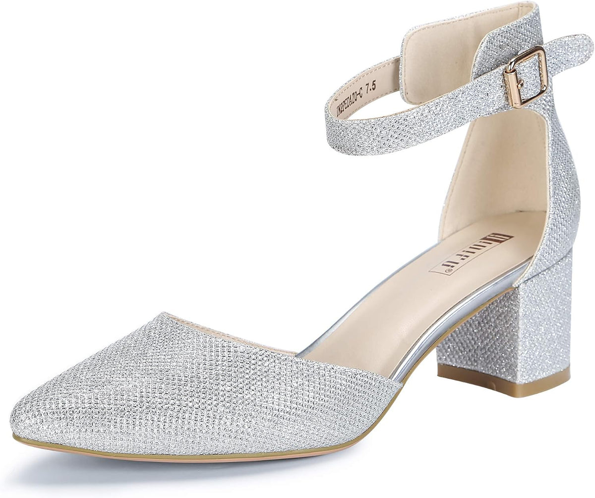 Women's Low Block Heel Pumps - Chunky Closed Toe Heels with Ankle Strap in Suede and Glitter for Weddings - 10