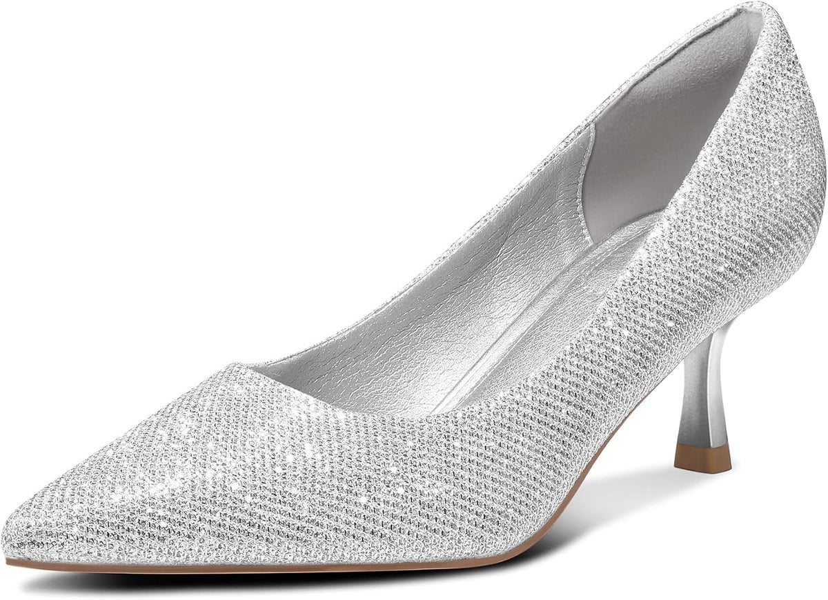 Women's Kitten Heel Pumps - 2 Inch Low Heel Closed Toe Dress Shoes in Knit, Patent and Metallic for Weddings - 7